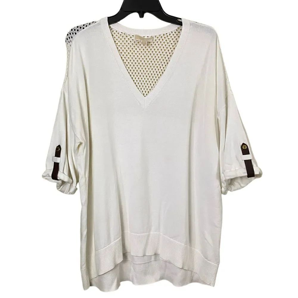 Michael Kors White Leather Accent V Neck Sweater Size XL